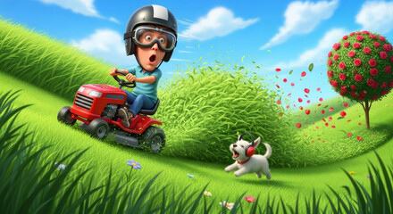 Obraz premium Boy driving a lawn tractor cutting tall grass with a dog jumping nearby. Backyard maintenance and outdoor lawn care concept. Funny kid mowing yard.