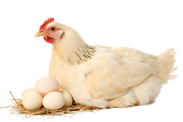 A beige or cream hen laying and hatching eggs isolated and generated with AI in png file format