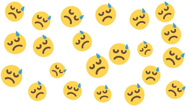 Many yellow frowning face emojis on a white background with blue sweat drops. Suitable for expressing stress or disappointment in text.