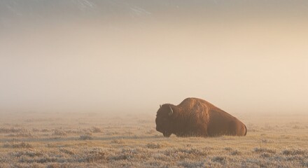 North American Wilderness: Bison Silhouette Against a Pale Background of Hazy Hills