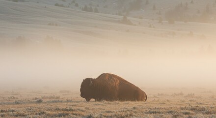 Wildlife Serenity: Majestic Buffalo Lying Down in a Fog-Covered Prairie Landscape
