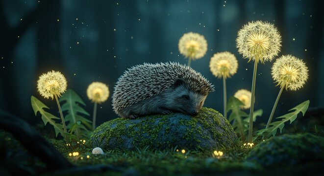 Enchanted Forest: Sleeping Hedgehog Resting on a Mossy Rock Surrounded by Glowing Dandelions - Powered by Adobe