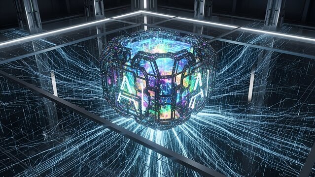 Glowing geometric sphere emitting light inside a futuristic tech environment