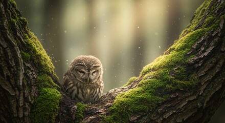 Cozy Serenity: Vertical Portrait of a Small Owl with Eyes Closed in its Natural Nest