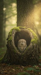 Intimate Wildlife: Small Owl Resting in a Moss-Covered Tree Hollow with Soft Sunlight