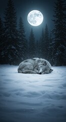 Vertical Wildlife Portrait: Majestic Wolf Huddled in the Snow Beneath a Bright Celestial Body