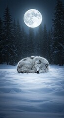 Eerie Night Scene: Wild Wolf Resting Peacefully Against a Dark Pine Forest Silhouette