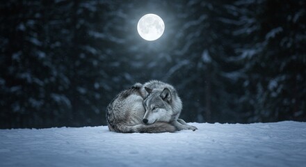 Winter Wildlife: Canis Lupus Huddled in the Snow Against a Dark Pine Forest Silhouette