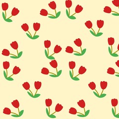 Seamless Red Flower and Green Leaf Pattern – Minimalist Floral Vector Design on Cream Background for Botanical Decorative Illustration