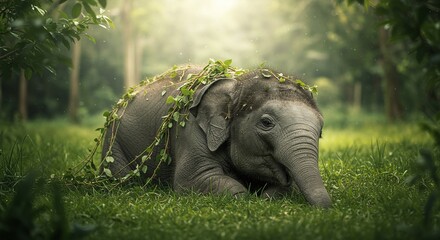 Sublime Nature Scene: Solitary Baby Elephant in the Rainforest Under Soft Sunlight
