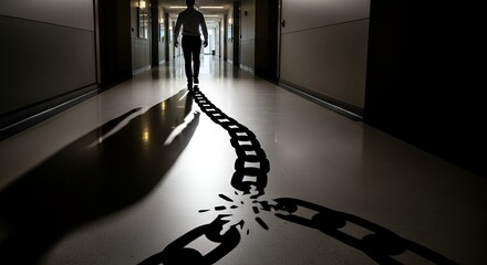 Silhouetted individual walking away from a broken chain on a brightly lit hallway floor