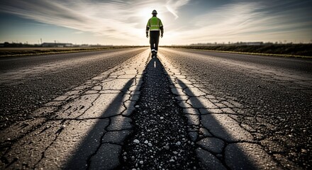 Person in hi-vis vest walking on cracked asphalt road, sunny day, long shadow