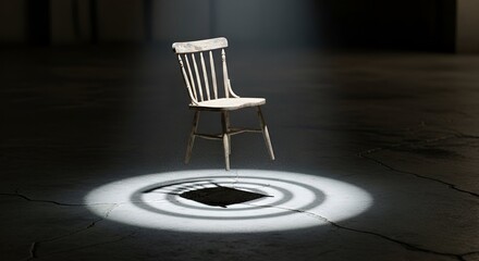 A single, aged wooden chair levitates above a shadowy floor, illuminated by a spotlight