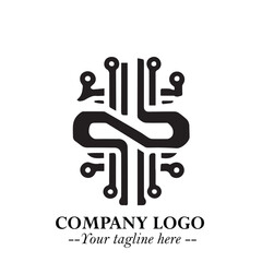 Circuit Robot Logo Symbol in Black on the White Background with Futuristic Tech Design
