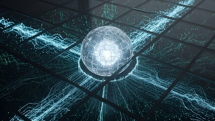 Glowing sphere amidst interconnected blue energy streams on a grid of squares, futuristic concept