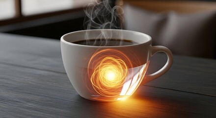A warm cup of coffee glows with a swirling aura, resting on a dark wood table