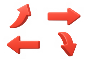 Red 3d arrows collection indicating various directions on transparent background, pointing up, down, left, right, for navigation and guidance