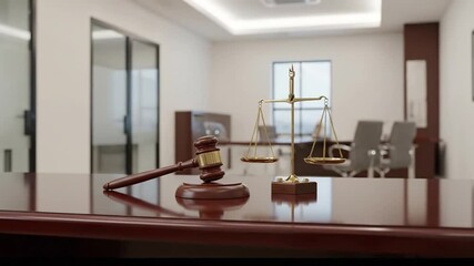 Justice in focus a gavel and scales of justice on a courtroom table