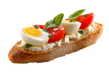 a piece of bread with eggs tomatoes and basil