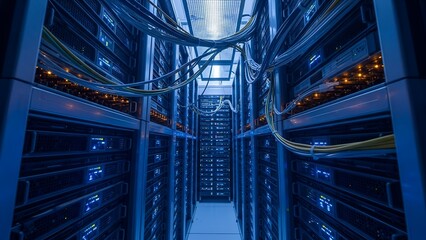 Rows of servers lit with blue hues and orange lights, cables overhead