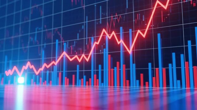 A finance stock market chart growth profit trend data investment analysi surge acros financial chart with rising line red blue bar grid background optimistic momentum bullish sentiment stock market