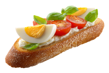 a sandwich with eggs tomatoes and basil