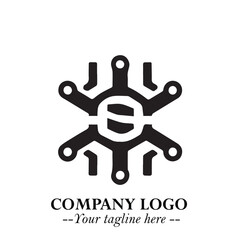 Circuit Robot Logo Symbol in Black on the White Background with Futuristic Tech Design

