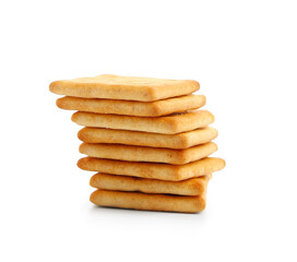 Stack of tasty crackers on white background