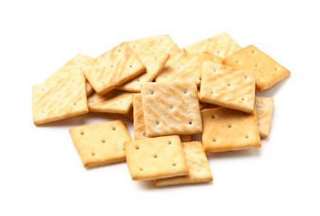 Heap of tasty crackers on white background