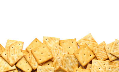 Heap of tasty crackers on white background