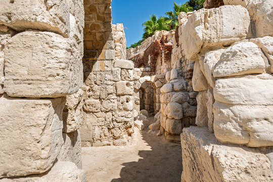 Stone arched walkways at the Roman Theatre in the Kom El Deka archaeological site in Alexandria, Egypt.