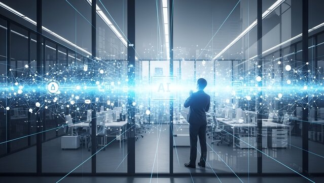 A man observing a data-linked network visualized over an office