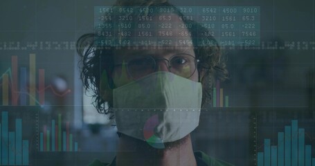 Gazing man wearing fabric face mask and round glasses in blurred office, with digital overlays