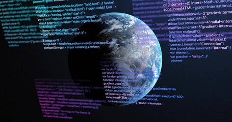 Fototapeta premium Floating Planet Earth displaying programming code snippets in virtual outer space, code layering