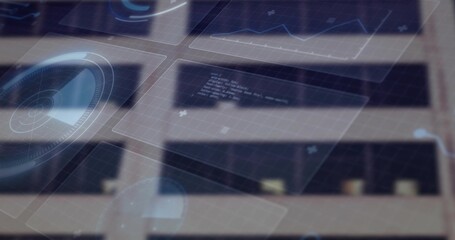 Projecting holographic panels overlaying urban facade, showing radar graphs, code windows and cups