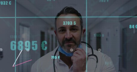 Lowering doctor in coat pulling down surgical mask in hospital corridor with financial data overlay