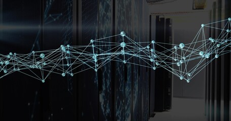 Glowing digital network floating through data center aisle with server racks showing circuitry
