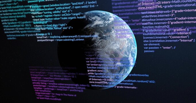Naklejki Floating Planet Earth displaying programming code snippets in virtual outer space, code layering