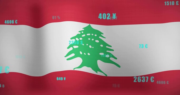Naklejki Showing Lebanese flag with green cedar tree emblem on canvas, floating numeric and currency symbols