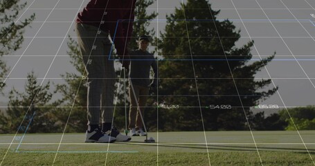 Lining up male golfer wearing burgundy polo using putter on green, with digital grid overlay