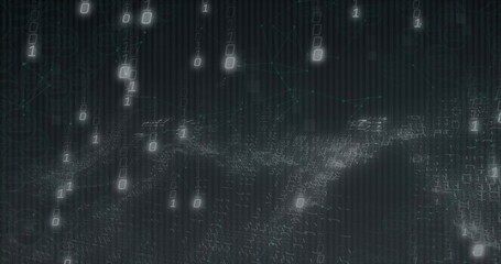 Streaming glowing binary digits cascading on 3D grid surface in network, faint node connections