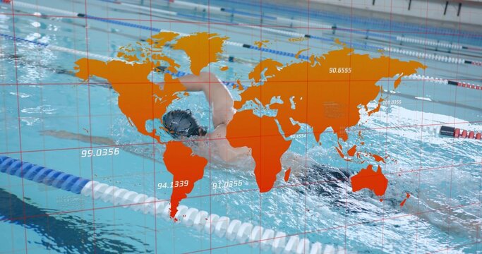 Crawling swimmer wearing goggles cap in pool lane with dividers, world map overlay with data labels - Powered by Adobe