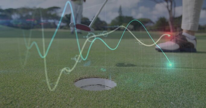 Showing golfers sporting golf shoes holding putters on green, with golf hole and line graph overlay - Powered by Adobe