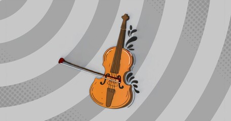 Displaying stylized wooden cello in graphic design backdrop, featuring overlaid bow and flourishes