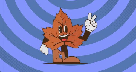 Standing maple leaf flashing peace sign against blue circle pattern, with white gloves, brown shoes