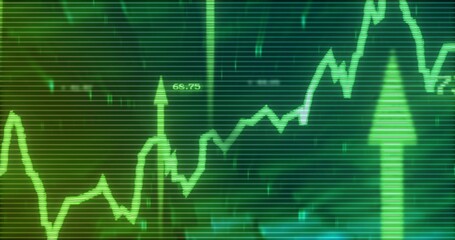 Displaying green line graph rising on virtual terminal screen, with grid lines and arrow markers