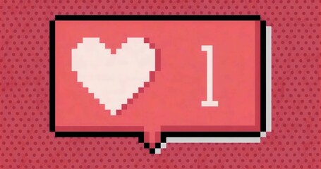 Floating pixel-art speech bubble over red halftone background, with white heart icon and digit 1