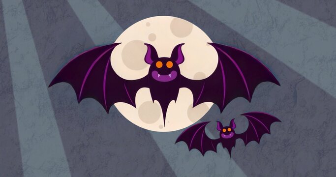 Flying cartoon bats flapping dark purple wings across moonlit nighttime gray sky before full moon