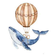 Blue whale with hot air balloon. Watercolor illustration for nursery wallpaper, kids room, and print.
