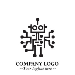 Circuit Robot Logo Symbol in Black on the White Background with Futuristic Tech Design
